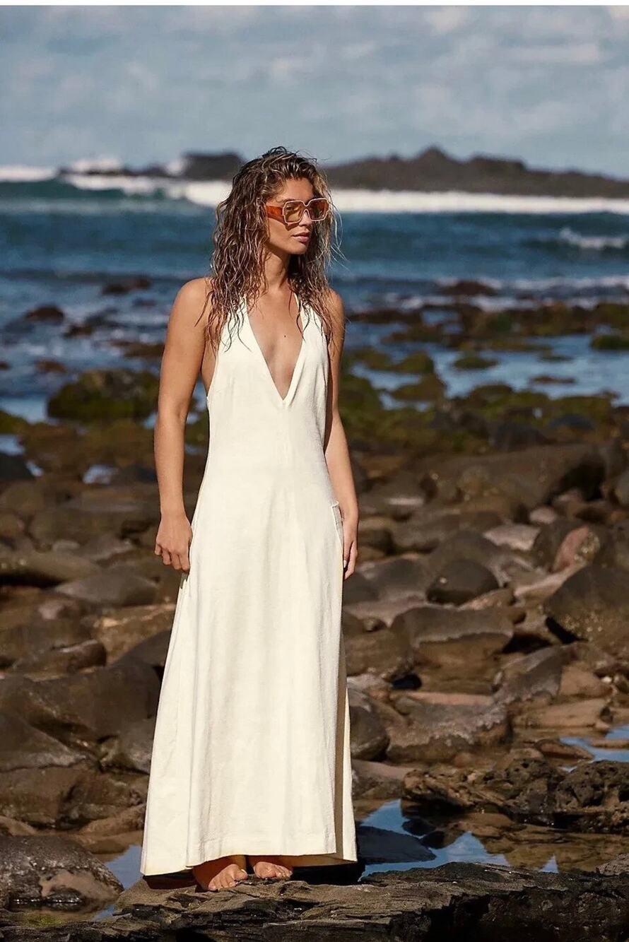Free People Beach White Plunge V-Neck Sleeveless Maxi Dress Resort Vacation